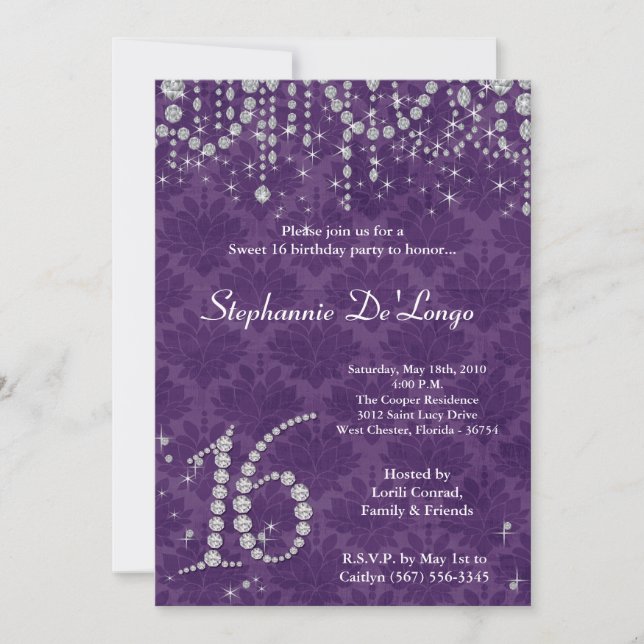 5x7 Purple Diamond Sweet 16 Birthday Invitation (Front)