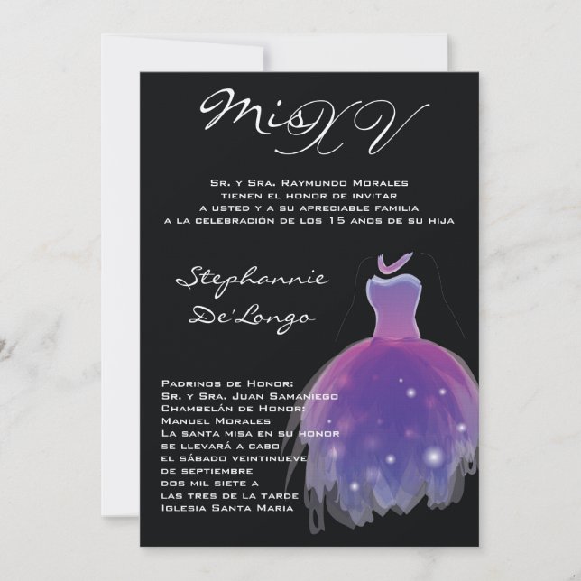 5x7 Purple Dress Quinceanera Birthday Invitation (Front)