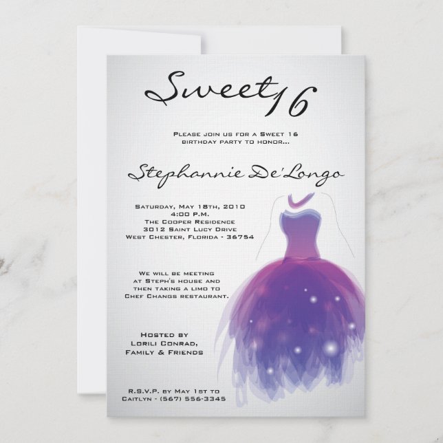 5x7 Purple Dress Sweet 16 Birthday Invitation (Front)