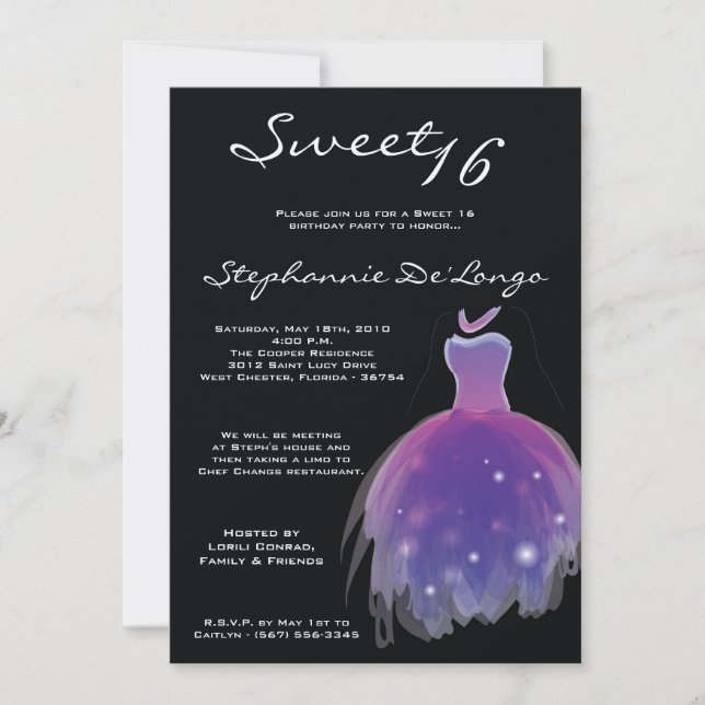 5x7 Purple Dress Sweet 16 Birthday Invitation (Front)