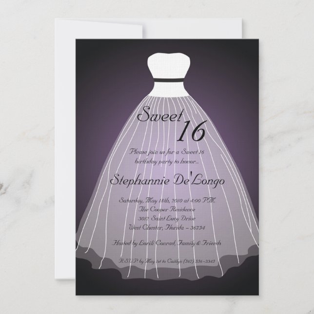 5x7 Purple Dress Sweet 16 Birthday Invitation (Front)