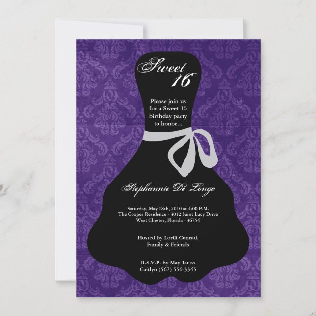 5x7 Purple Dress Sweet 16 Birthday Invitation (Front)
