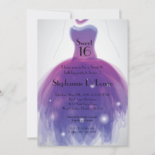 5x7 Purple Dress Sweet 16 Birthday Invitation (Front)