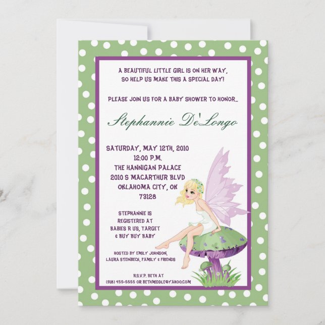 5x7 Purple Fairy Baby Shower Invitation (Front)
