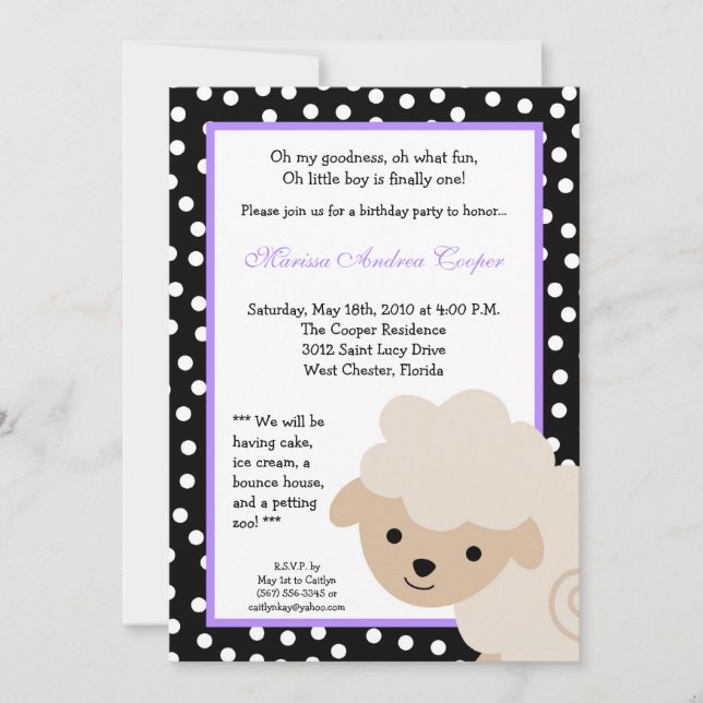 5x7 Purple Farm Sheep Birthday Party Invitation (Front)