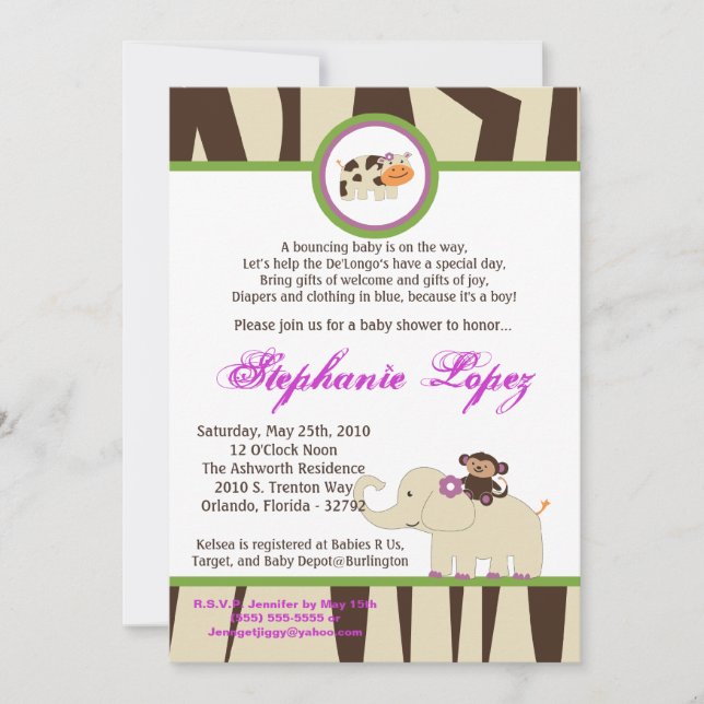 5x7 Purple Jacana Baby Shower Invitation (Front)