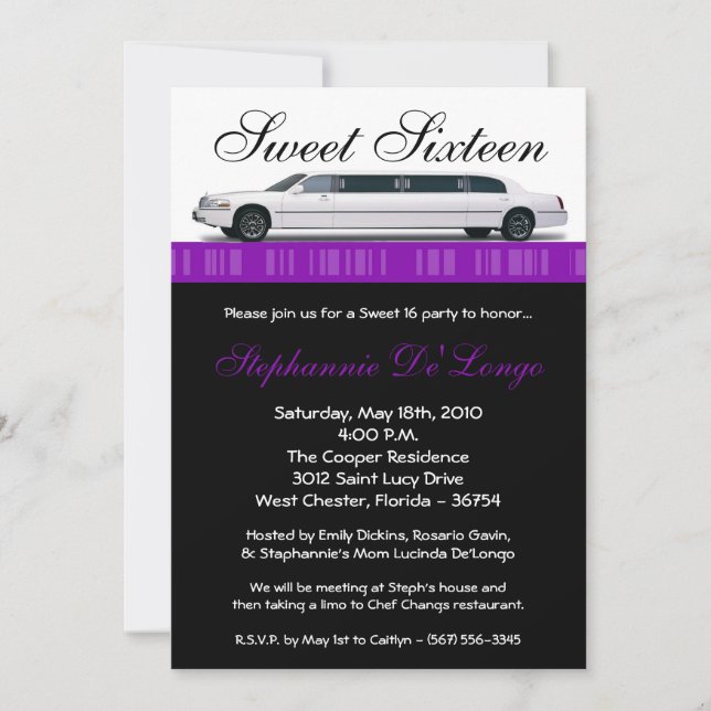 5x7 Purple Limo Sweet 16 Birthday Invitation (Front)