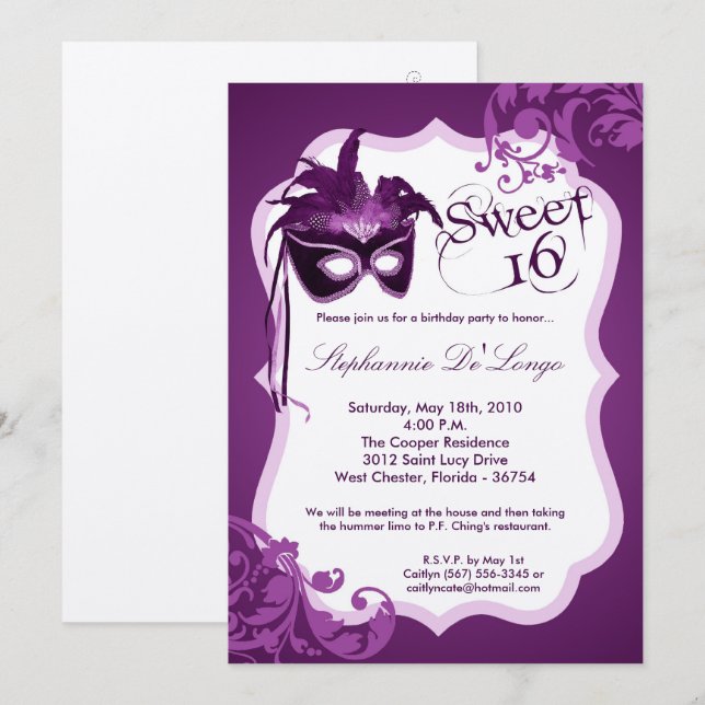 5x7 Purple Masquerade Mask 16 Birthday Invitation (Front/Back)