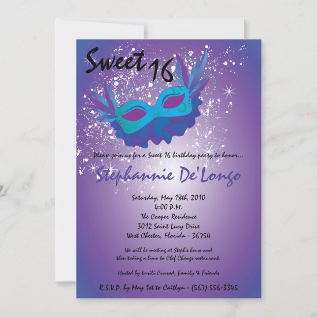 5x7 Purple Masquerade Sweet 16 Birthday Invitation (Front)