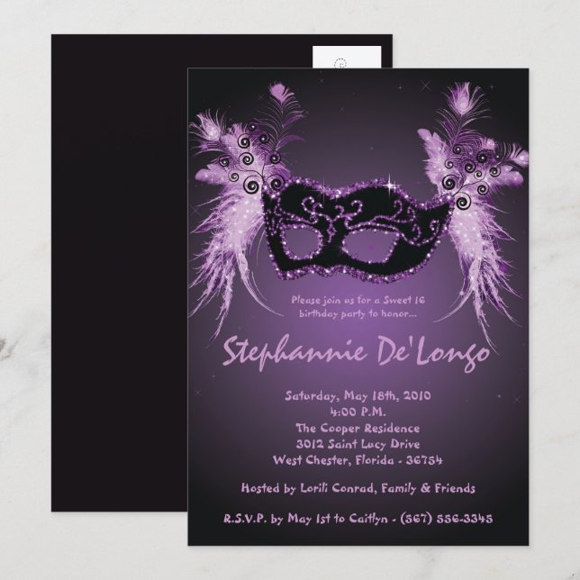 5x7 Purple Masquerade Sweet 16 Birthday Invitation (Front/Back)