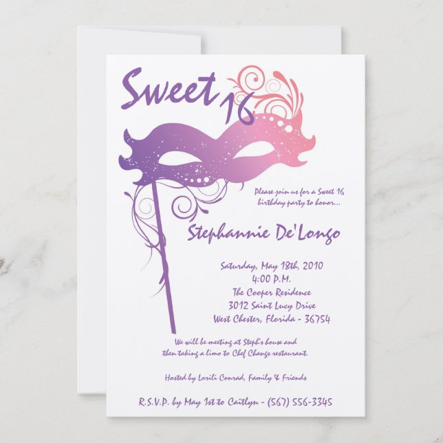 5x7 Purple Masquerade Sweet 16 Birthday Invitation (Front)