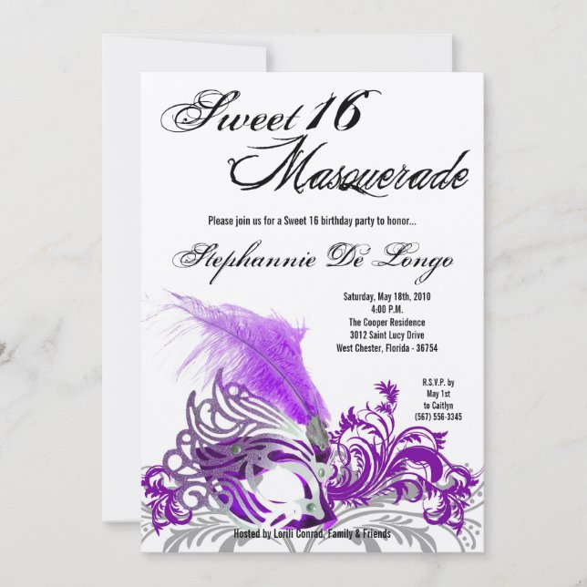 5x7 Purple Masquerade Sweet 16 Birthday Invitation (Front)