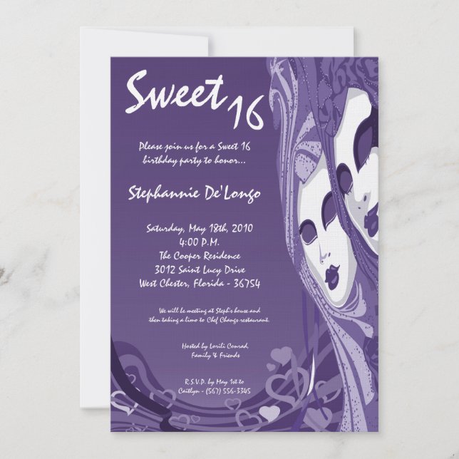 5x7 Purple Masquerade Sweet 16 Birthday Invitation (Front)
