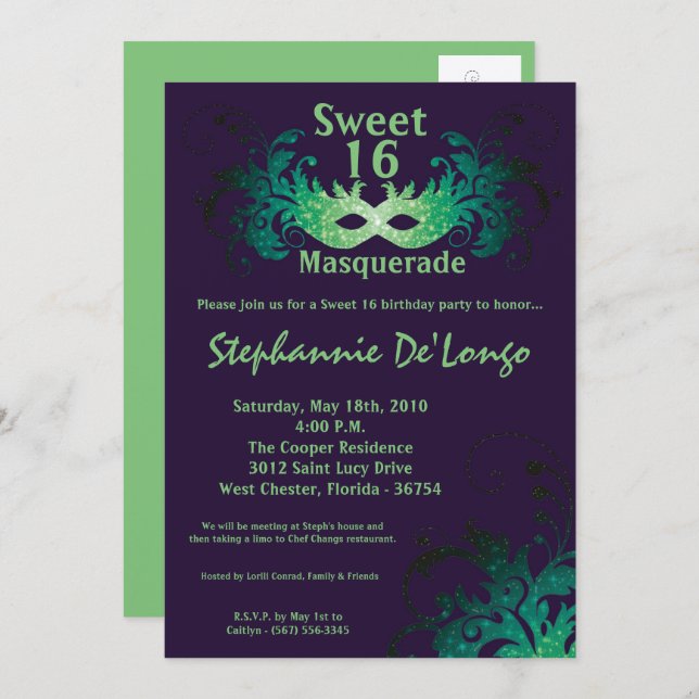 5x7 Purple Masquerade Sweet 16 Birthday Invitation (Front/Back)