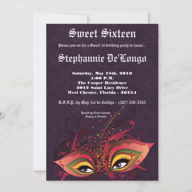 5x7 Purple Masquerade Sweet 16 Birthday Invitation (Front)
