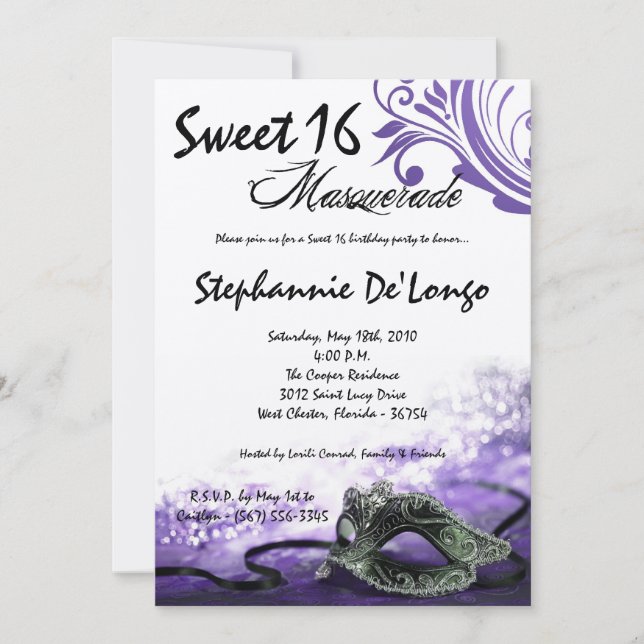 5x7 Purple Masquerade Sweet 16 Birthday Invitation (Front)