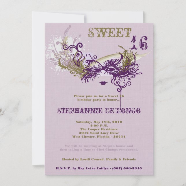 5x7 Purple Masquerade Sweet 16 Birthday Invitation (Front)