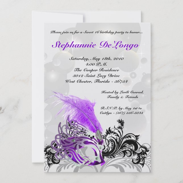 5x7 Purple Masquerade Sweet 16 Birthday Invitation (Front)