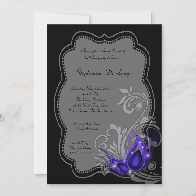 5x7 Purple Masquerade Sweet 16 Birthday Invitation (Front)