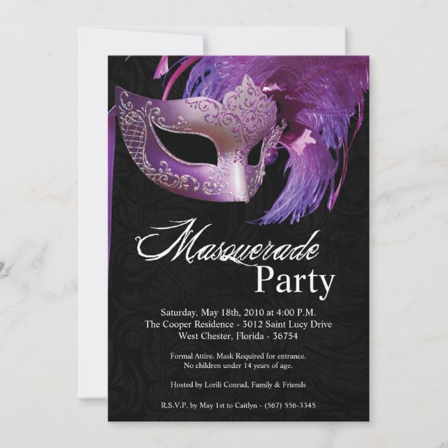 5x7 Purple Masquerade Sweet 16 Birthday Invitation (Front)