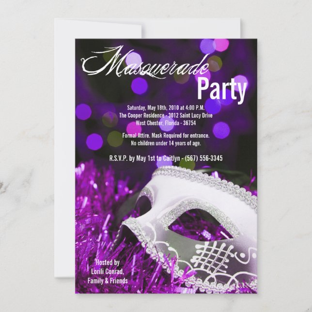 5x7 Purple Masquerade Sweet 16 Birthday Invitation (Front)