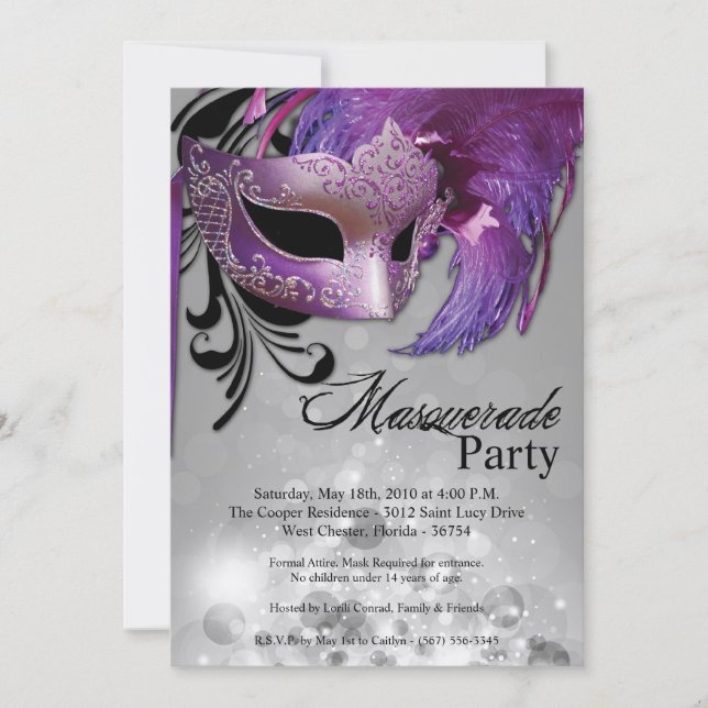 5x7 Purple Masquerade Sweet 16 Birthday Invitation (Front)