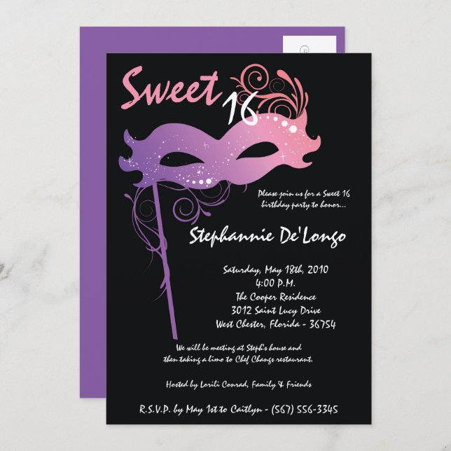 5x7 Purple Masquerade Sweet 16 Birthday Invitation (Front/Back)