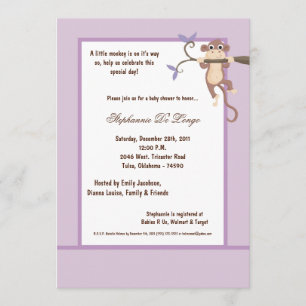 5x7 Purple Monkey Baby Shower Invitation