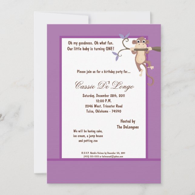 5x7 Purple Monkey Birthday Party Invite (Front)