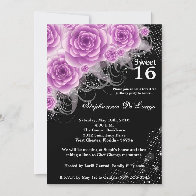 5x7 Purple Roses Sweet 16 Birthday Invitation (Front)