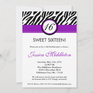 5x7 Purple Zebra Print 16th Birthday Invitation