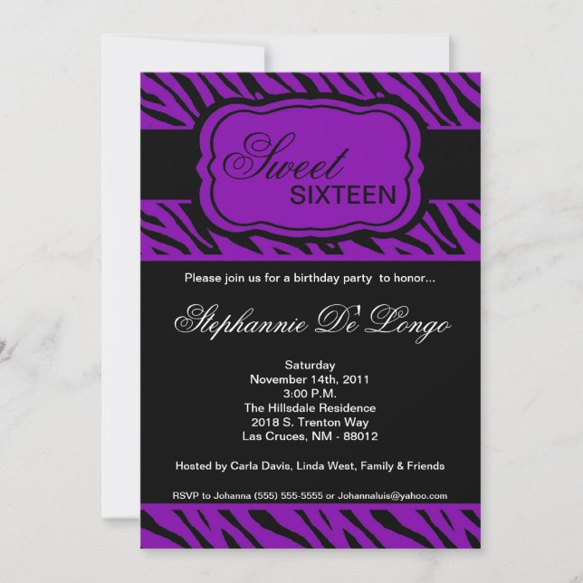 5x7 Purple Zebra Print Birthday Party Invitation (Front)