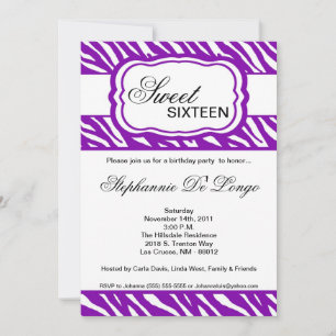 5x7 Purple Zebra Print Birthday Party Invitation