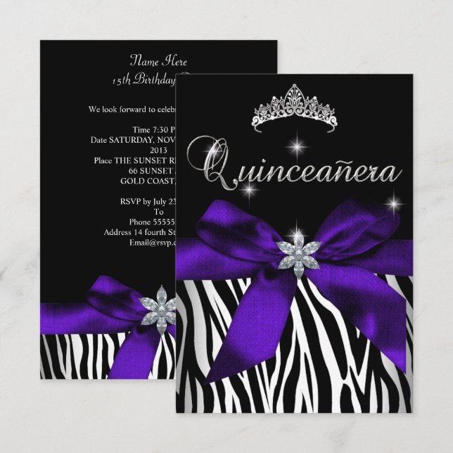 5x7 Quinceanera Purple Zebra Black White Invitation (Front/Back)
