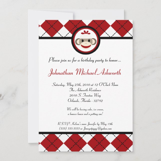 5x7 Red Arg Sock Monkey Toy Birthday Invitation (Front)