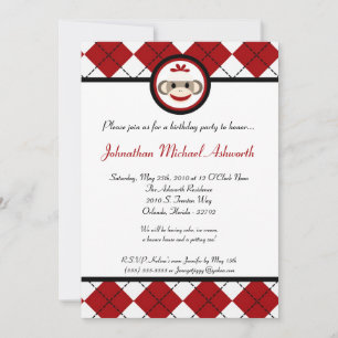 5x7 Red Arg Sock Monkey Toy Birthday Invitation