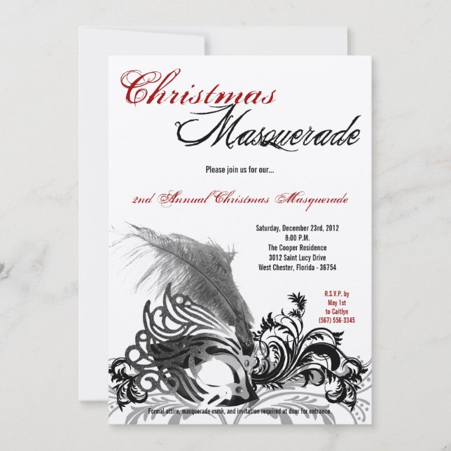 5x7 Red Black Masquerade Christmas Invitation (Front)