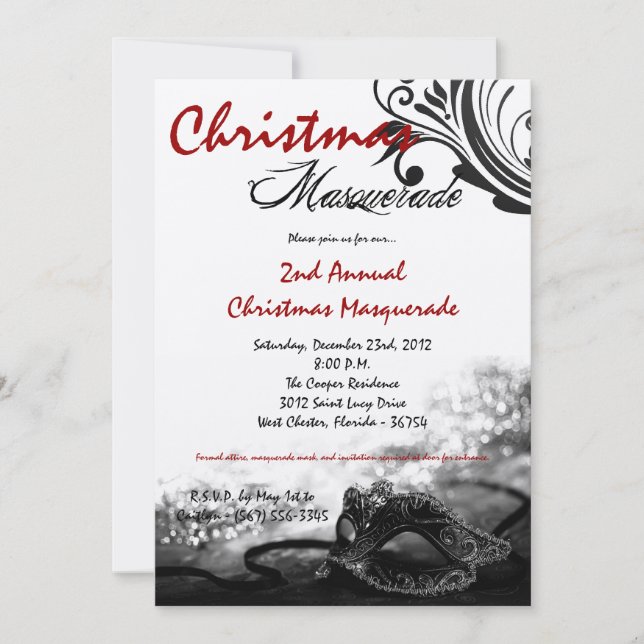 5x7 Red Black Masquerade Christmas XMAS Invitation (Front)