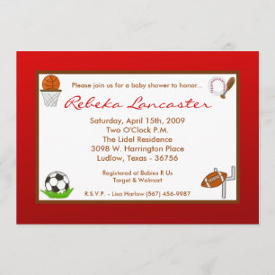 5x7 Red Boy Sports Football Baby Shower Invitation