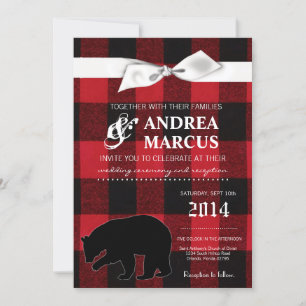 5x7 Red Buffalo Plaid Bear Blac Wedding Invitation