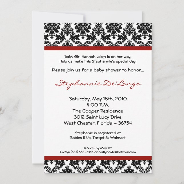 5x7 Red Crimso Black Damask Baby Shower Invitation (Front)