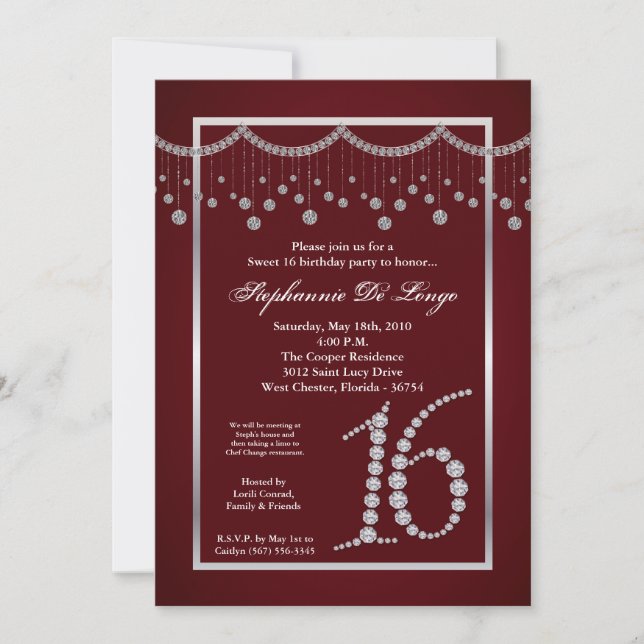 5x7 Red Diamond Sweet 16 Birthday Invitation (Front)