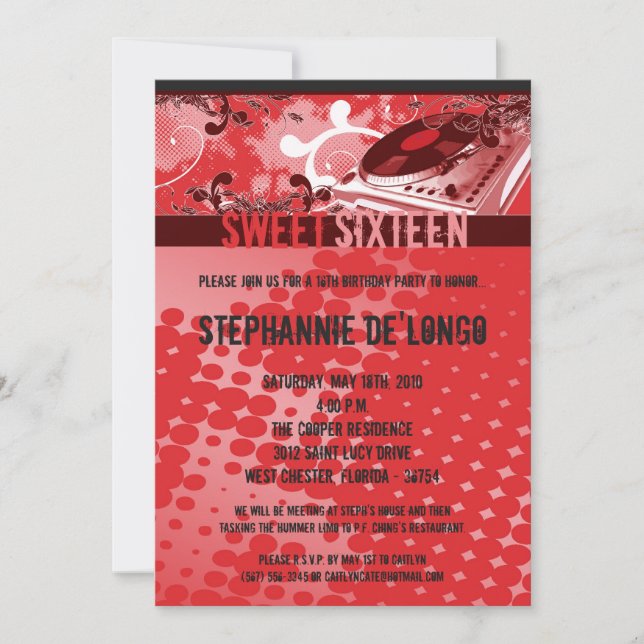 5x7 Red DJ Spin Turntable16th Birthday Invitation (Front)