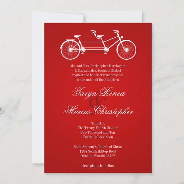 5x7 Red Double Bike Old Linen Wedding Invitation (Front)