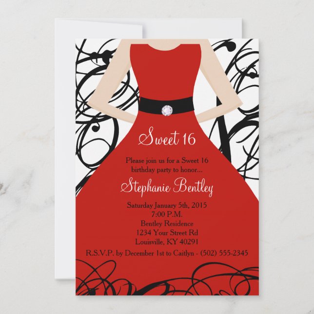 5x7 Red Dress Sweet 16 Birthday Invitation (Front)