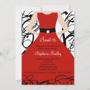 5x7 Red Dress Sweet 16 Birthday Invitation