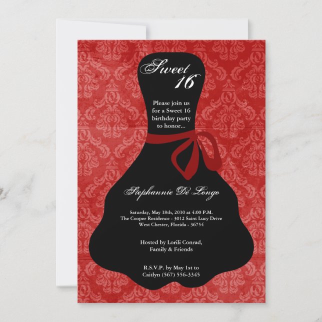 5x7 Red Dress Sweet 16 Birthday Invitation (Front)