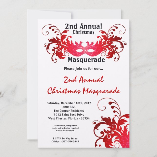 5x7 Red Masquerade Christmas XMAS Invitation (Front)