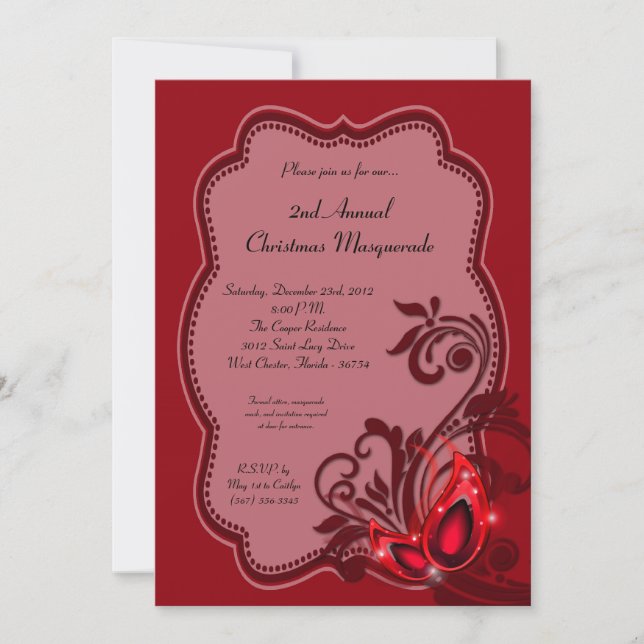 5x7 Red Masquerade Christmas XMAS Invitation (Front)