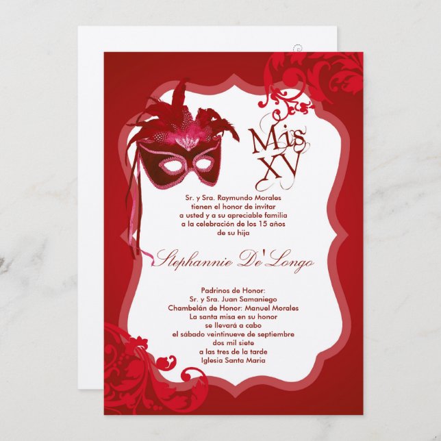5x7 Red Masquerade Mask Quinceanera Invitation (Front/Back)
